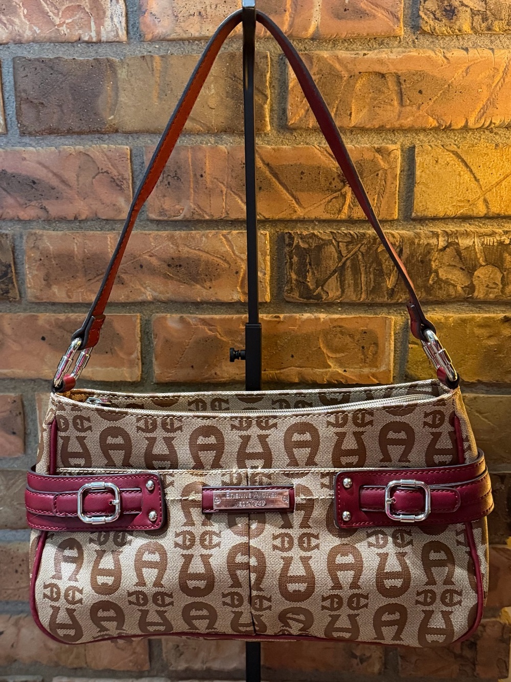 Etienne Aigner Monogram Canvas Hobo Bag with Burgundy Leather Accent EUC